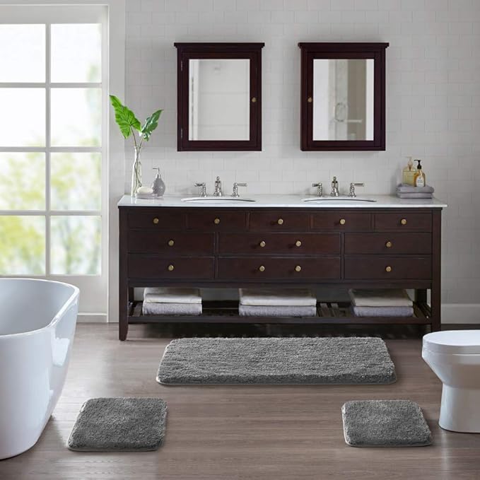 Suchtale Non Slip Bath Mat (16 x 24, Dark Grey) for Bathroom, Soft Microfiber Shaggy Mat Machine Washable Thick Plush Rug for Shower