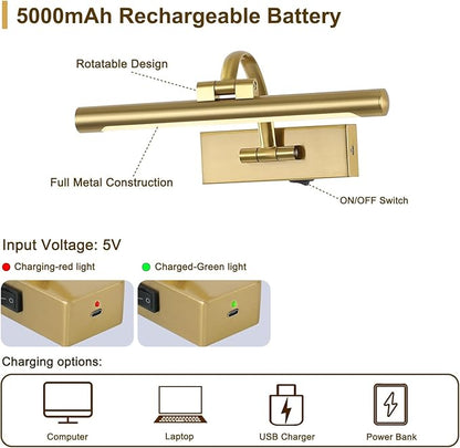 Wireless Picture Lights for Wall Rechargeable Brass Gallery Lights Battery Operated Art Lamps with Remote and Timer Dimmable Painting Lights for Artwork Portrait Display 12 Inch 2W 2700K