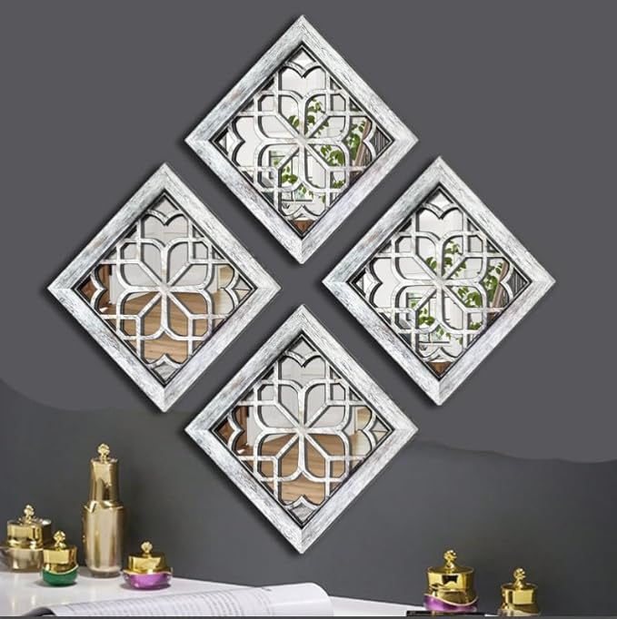 Boho Square Wall Mirrors Set of 2-12" x12'Decorative Mirrors for Wall Decor, BrownHandcrafted Mirror Panels Perfect for LivingRoom Bedroom Entryway Hallway (Grey)