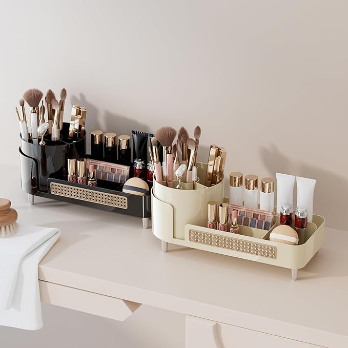 Rotating Makeup Organizer Countertop,Large Capacity Makeup Organizers for Vanity,2 in 1 makeup storage organizer for Bathrooms,Cosmetic Display Case(Cream)