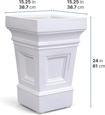 Step2 Atherton Square Planter, Large Planters for Outdoor Plants, Gardening and Flower Pot for Patio or Porch, Efficient Drainage, Durable Plastic, Classic White