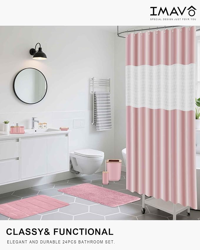 Bathroom Accessories Set,Pink Bathroom Set,24 Pieces Bathroom Accessory Set with Shower Curtain,Trash Can for Bathroom Accessories Décor and Home Gifts
