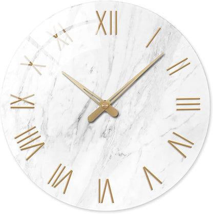 Round Marble Battery Wall Clock Modern 14 Inch White Minimalist Wall Clock for Kitchen Quartz Glass Slient Clock for Wall
