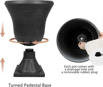 Worth Garden 2-Pack Plastic Urn Planters for Outdoor Plants, 22'' Black Tall Round Classic Resin Traditional Flower Pots - 15 in. Dia. Large Imitation Stone Decorative Pot Patio Deck Front Porch