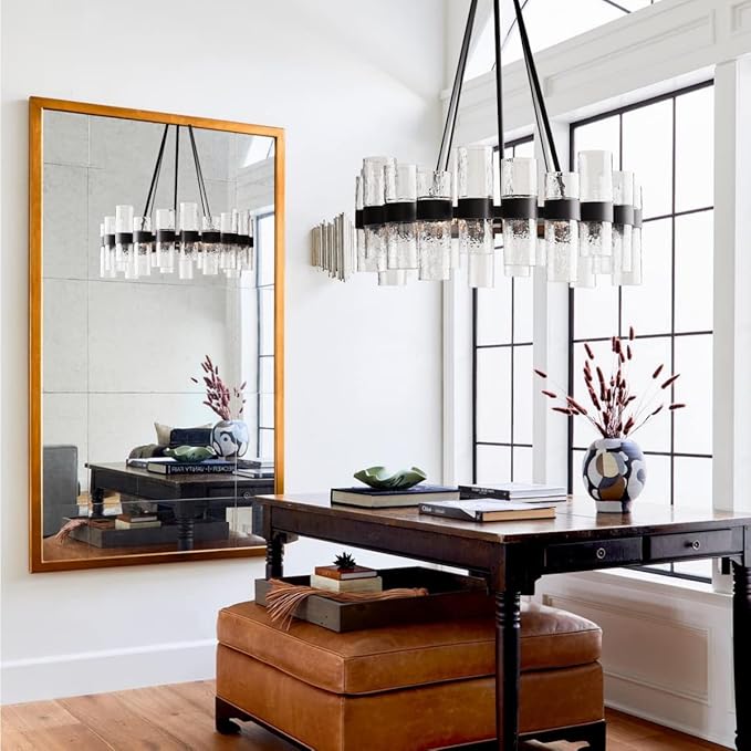 Round Black Glass Wagon Wheel Chandelier, Chandelier with Water Ripple Textured Recycled Clear Glass Piece, Modern Industrial Pendant Light with Metal Frame, Lighting Fixture for Living Room, Foyer