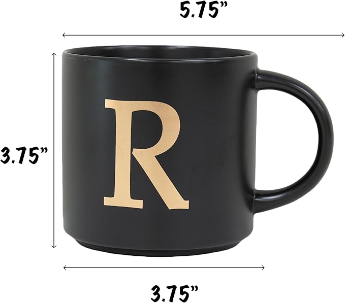 COLLECTIVE HOME - Monogram Ceramic Mugs, 15 oz Golden Initial Black Coffee Cups, Elegant Alphabet Tea Mugs, Elegant Personalized Mug with Gift Box, Unique Mug with Double Side Capital Lette (R)