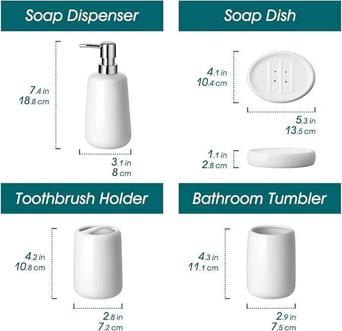 vancasso White Bathroom Accessories Set, Ceramic Soap Dispenser and Toothbrush Holder Sets, Stoneware 4 Pcs Bathroom Sink Set for Modern Home Decor