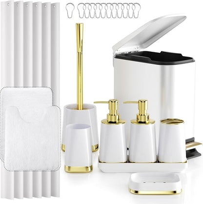 Bathroom Accessories Set - 23 PC Bathroom Sets with Shower Curtain and Rugs, White Bathroom Set, Luxurious Stainless Steel Bathroom Trash Can, Toilet Brush & Soap Dish