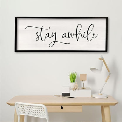 Stay AWhile Sign Wall Decor Sign 40"X15" Large Living Room Entryway Wood Framed Rustic Wall Decor for Vintage Farmhouse Foyer Hanging Lets Stay Home Wall Art (Black)