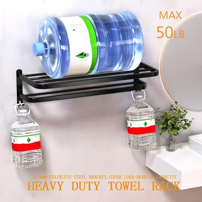 DDS-DUDES Bathroom Towel Rack Towel Shelf with Double Towel Bars Lavatory Wall Mount Holder with Hooks Stainless Steel Hotel Bath Rack (Matte Black 23 inches)