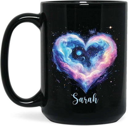 Personalized Love Heart Ceramic Mug, Custom Name Black Cup 11oz Or 15oz, Customized Celestial Themed Coffee Mug, Valentine's Day Themed Keepsake Cup, Gift For Him Her, Heart Mug