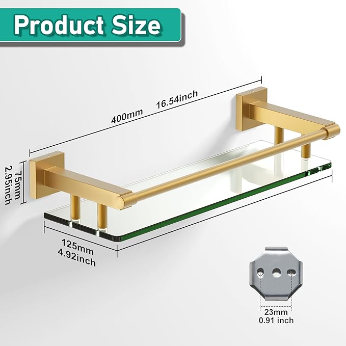 16 Inch Brusheld Gold Bathroom Glass Shelves with Stainless Steel Railing, Tempered Floating Glass Modern Decoration Bathroom Shelf Sink Over Toilet