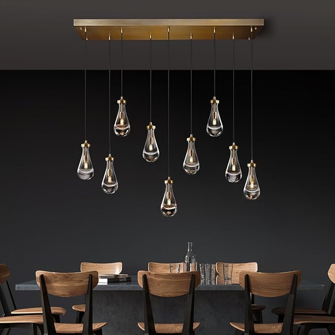 Raindrop 9-Light Chandeliers for Dining Room Gold Dining Room Lights Fixture Over Table, Brass Pendant Lights Kitchen Island, Adjustable Rope Teardrop Hanging Lamp Ceiling for Living Room