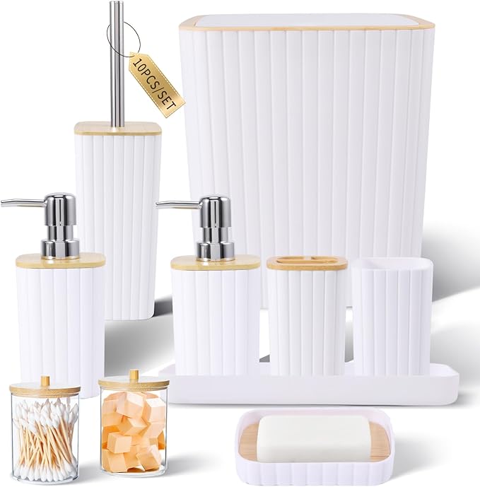 Bathroom Accessories Set - Elegant White Bathroom Set, 10PC Bathroom Accessory Set, Toilet Brush, Trash Can, Qtip Holder Dispenser & Soap Dispenser