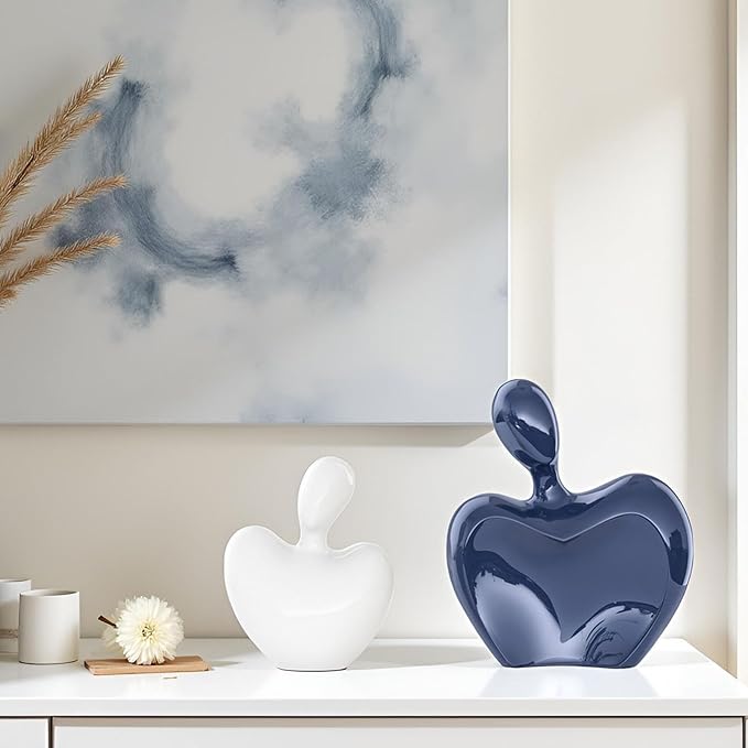 XMGZQ Blue and White Ceramic Couple Figurines Home Decor Accent,Wedding Engagement Romantic Gift for Husband Wife,Large Male and Female Love Statue Valentine's Day Birthday,Abstract Hugging Couple