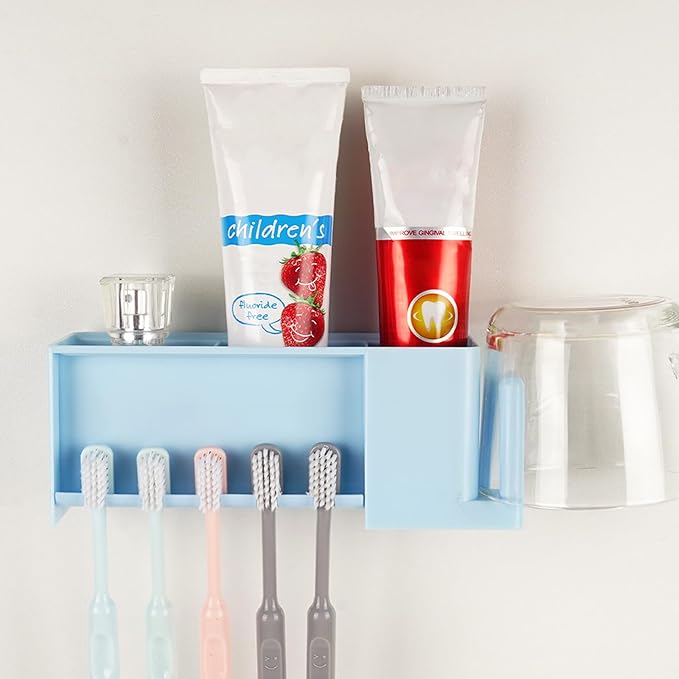 5 Slots Wall Mount Toothbrush Holder with Storage Box, Self Adhesive Toothbrush Storage Organizer for Shower, Toothpaste & Toothbrush Hanger for Bathroom, Medicine Cabinet, Dorm (Blue)