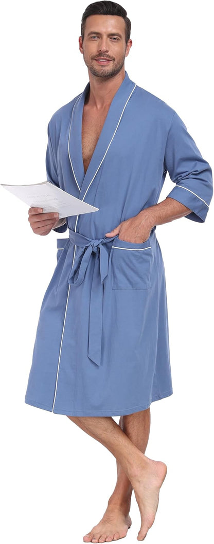 CF Men's Robe Cotton Bathrobe Soft Short Sleeve Bath Robes Shower Robe for Spa Soft Kimono Lightweight Sleepwear with Pockets