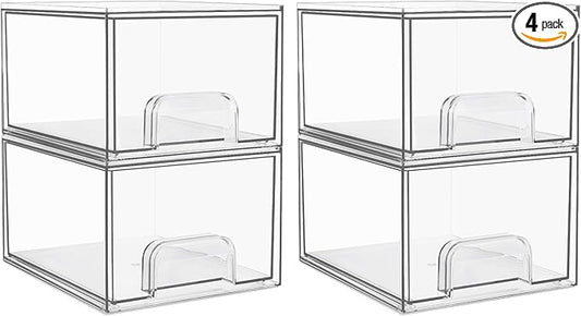 Vtopmart 4 Pack Clear Small Stackable Storage Drawers,Acrylic Bathroom Makeup Organizer,Plastic Storage Bins For Vanity, Undersink, Kitchen Cabinets, Pantry, Home Organization