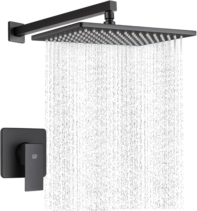 POP SANITARYWARE Black Shower Faucet Set Rainfall 12 Inch Shower Head, Wall Mounted Bathroom Shower System Single Function Shower Trim Kit with Valve, Matte Black