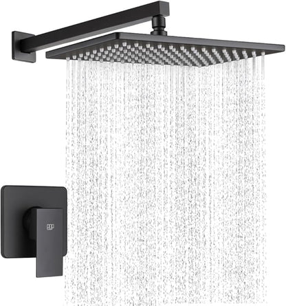 POP SANITARYWARE Black Shower Faucet Set Rainfall 12 Inch Shower Head, Wall Mounted Bathroom Shower System Single Function Shower Trim Kit with Valve, Matte Black