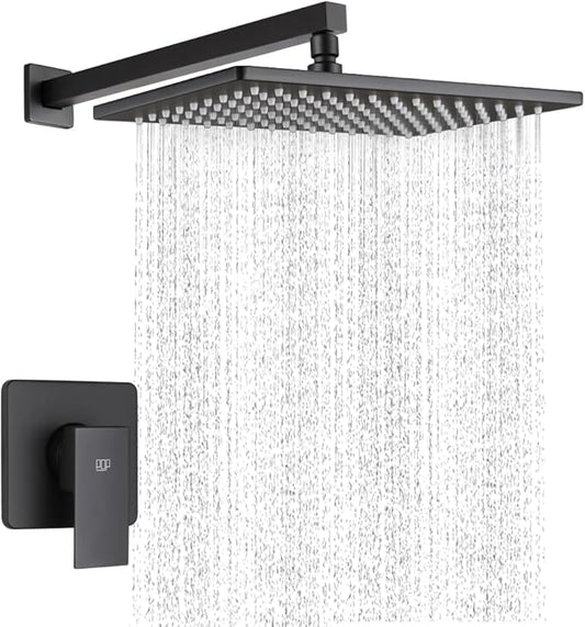 POP SANITARYWARE Black Shower Faucet Set Rainfall 12 Inch Shower Head, Wall Mounted Bathroom Shower System Single Function Shower Trim Kit with Valve, Matte Black