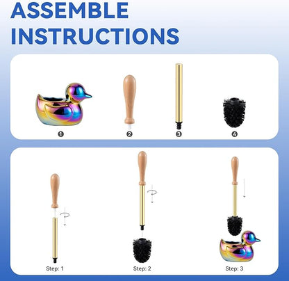 Ceramic Toilet Brush and Holder Set with Duck Base - Multicolor Rainbow, Freestanding Bathroom Brush Organizer, Space-Saving 7.5" Bowl Cleaner Kit - Bath Decor