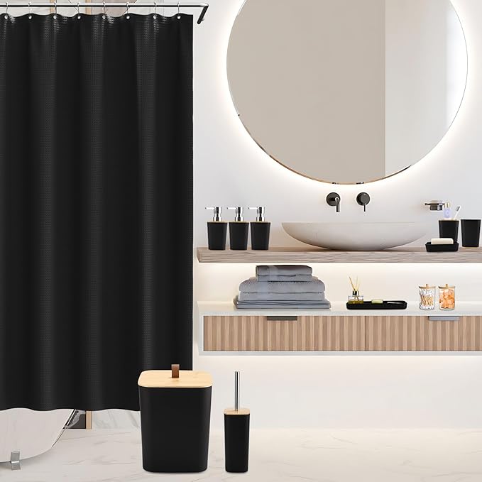 Black Bathroom Accessories Sets Complete with Shower Curtain, 24 PCS Bathroom Set with Trash Can,Toothbrush Holder,Toothbrush Cup,Soap Dispenser,Soap Dish,Toilet Brush,Tray and Qtip Holder