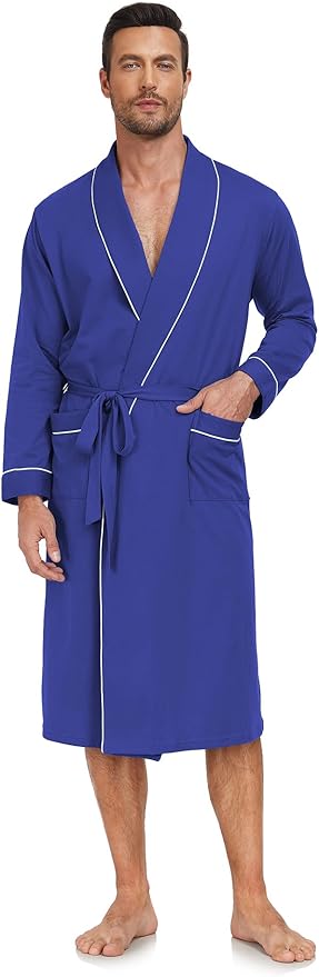 COLORFULLEAF Mens 100% Cotton Robes Lightweight Summer Long Bathrobe Sleepwear Soft Knit Spa Robe with Pockets