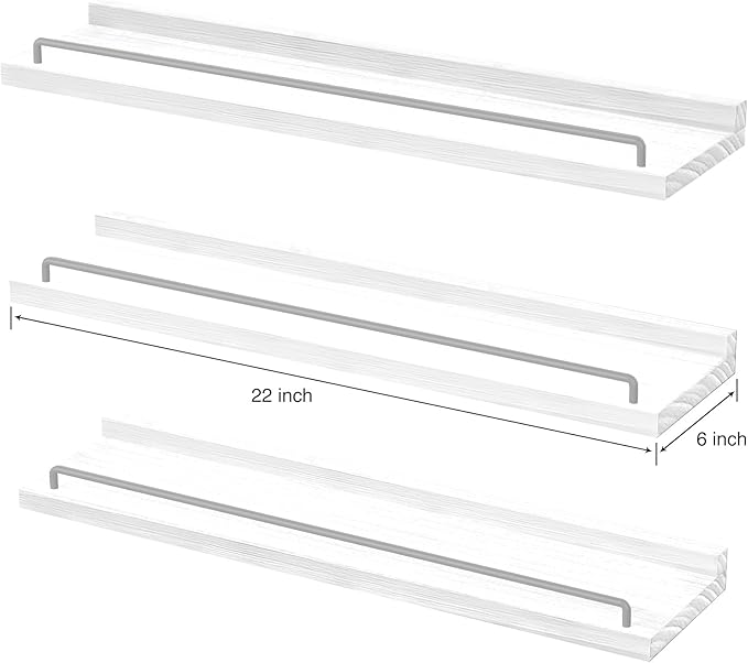 22 inches Long Floating Shelves, Bathroom Decor Shelves Over Toilet, Farmhouse Wall Shelves for Living Room, Bedroom, Picture Frames, Plants, Kitchen, Set of 3 (White and Grey)