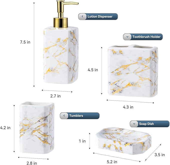 4 Piece Bathroom Accessories Set - White Bathroom Accessory Sets Includes Lotion Dispenser, Toothbrush Holder Tumbler, and Soap Dish - Glossy Finish (Marble, White)