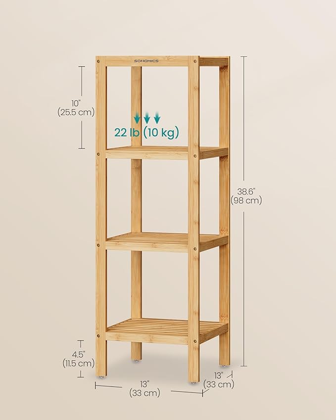 SONGMICS Bamboo Storage Shelf, 4-Tier Shelving Unit, Multifunctional, in the Entryway, Bathroom, Living Room, Balcony, Kitchen, 13 x 13 x 38.6 Inches, Light Bamboo UBCB54Y