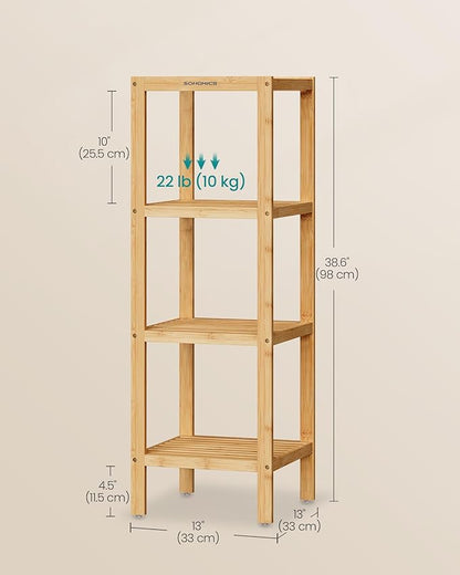 SONGMICS Bamboo Storage Shelf, 4-Tier Shelving Unit, Multifunctional, in the Entryway, Bathroom, Living Room, Balcony, Kitchen, 13 x 13 x 38.6 Inches, Light Bamboo UBCB54Y