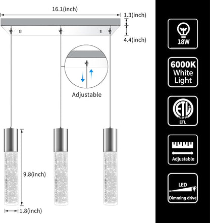 OKELI 3-Light Dimmable LED Pendant Lighting for Kitchen Island, 18W 1350LM Modern Crystal Bubble Island Light Fixture, 6000K Cool White, Adjustable Electro-Chrome Fixture, Easy Install, Square