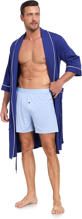 COLORFULLEAF Men's Bathrobes 100% Cotton Soft Comfort Breathable Short Sleeve Summer Kimono Mens Lightweight Robe