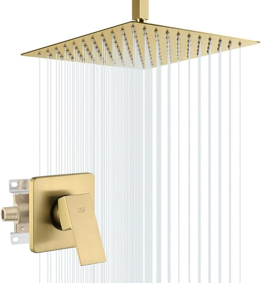 POP SANITARYWARE Ceiling Mount Shower Faucet Set Brushed Gold Bathroom Rainfall 10 Inch Shower Head System Single Handle Shower Trim Kit with Valve
