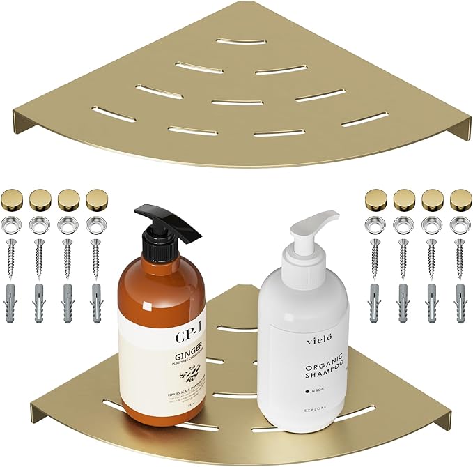 2 Pack Corner Shower Shelves Load Capacity 40 lbs 304 Stainless Steel Shower Corner Shelf Will not Rust 8in Shower Shelf for Inside Shower Brushed Gold Drilling Installation