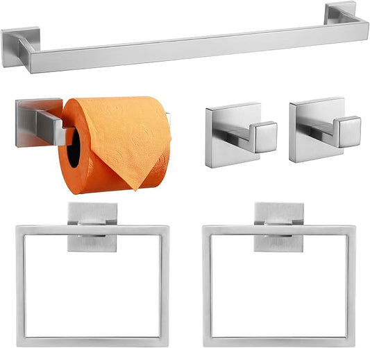 TQKAG 6-Piece Bathroom Towel Bar Sets Brushed Nickel 23.6 inch Towel Bar Stainless Steel Towel Ring Coat Hook and Toilet Paper Holder Bathroom Hardware Set Wall Mounted Bathroom Accessories Kit