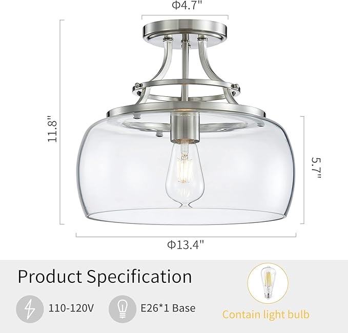 WUZUPS Chandelier Rustic Farmhouse Industrial Round Semi-flushmount Ceiling LED Light Fixture with Clear Glass Shades for Bathroom Kitchen Foyer Entryway, H 11.8" x W 13.4", E26 Base, Brushed Nickel