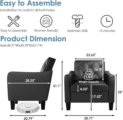 STHOUYN Living Room Chairs Black Leather Accent Chairs Set of 2, Waiting Room Arm Chairs, Reading Chairs for Bedroom Comfy Club Chair Tufted, Office Small Space (2, Black)