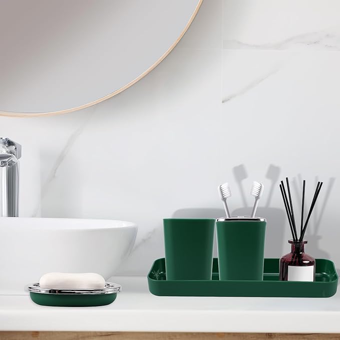 Dark Green Bathroom Accessories Set, Green Bathroom Set with Trash Can, Toothbrush Holder, Toothbrush Cup, Soap Dispenser, Soap Dish, Toilet Brush Holder, 2 Qtip Holder Dispensers and Tray