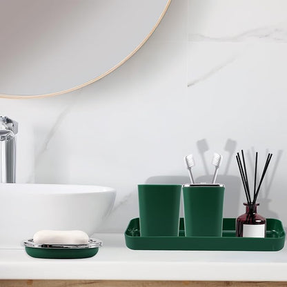 Dark Green Bathroom Accessories Set, Green Bathroom Set with Trash Can, Toothbrush Holder, Toothbrush Cup, Soap Dispenser, Soap Dish, Toilet Brush Holder, 2 Qtip Holder Dispensers and Tray