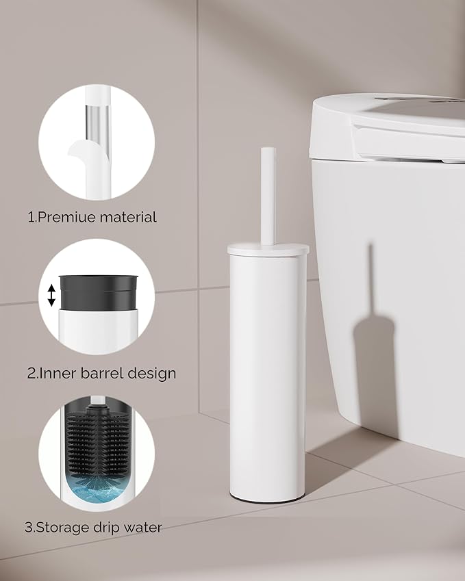 Toilet Brush and Holder Set, 2 Pack Stainless Steel Toilet Bowl Brush with Lid, Rust Proof Toilet Cleaner Brush with Caddy, Durable Bristles, Splash Proof, Ideal for Bathroom（White）
