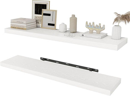 White Floating Shelves Wall Shelf 40 Inch, 8 Inch Deep Floating Shelf for Wall, Farmhouse Black Wood Shelves Invisible Bracket for Living Room, Bedroom, Kitchen, 40 x 8 x 1.4 Inch, Set of 2