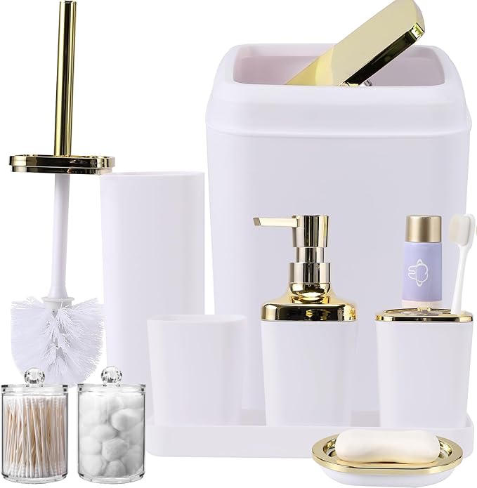 9Pcs Bathroom Accessories - White Bathroom Accessories Set with Trash Can, Soap Dispenser, Soap Dish, Toothbrush Holder, Toothbrush Cup, Toilet Brush Holder, Qtip Holders and Tray for Home