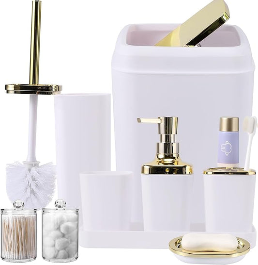 9Pcs Bathroom Accessories - White Bathroom Accessories Set with Trash Can, Soap Dispenser, Soap Dish, Toothbrush Holder, Toothbrush Cup, Toilet Brush Holder, Qtip Holders and Tray for Home