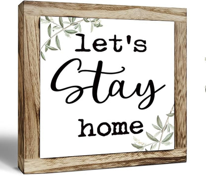 Rustic Wooden “Let’s Stay Home” Sign – Wooden Plaques Sign Table Decor, Shelf or Desk Decor, Farmhouse Living Room and Family Room Decoration, Cozy Home Accent and Housewarming Gift