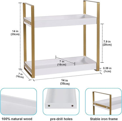 Bathroom Counter Organizer with Basket, Wooden Sink Shelf for Vanity Storage, Storage Organizers for Bathroom, Kitchen, Dresser (Gold - White)