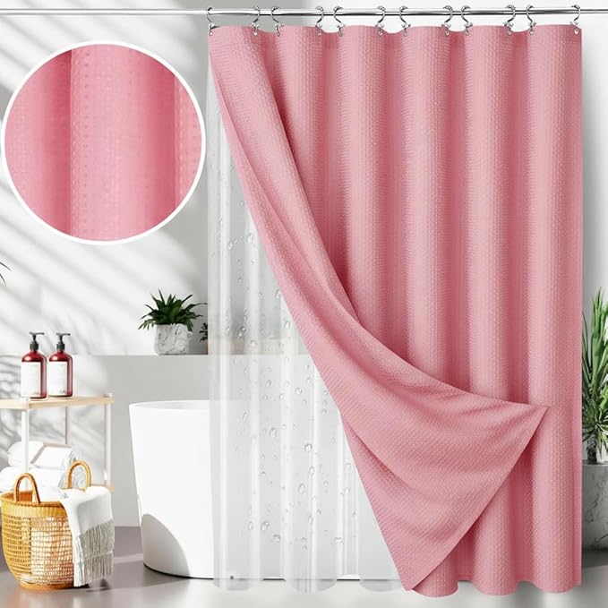 Pink Bathroom Set, 25 PCS Bathroom Accessories Set with Shower Curtains, Rugs, Trash Can, Toothbrush Holder, Soap Dispensers, Toothbrush Cup, Vanity Tray, Soap Dish, Toilet Brush, Qtip Holders