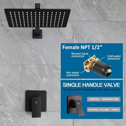 POP SANITARYWARE Black Shower Faucet Set Rainfall 12 Inch Shower Head, Wall Mounted Bathroom Shower System Single Function Shower Trim Kit with Valve, Matte Black
