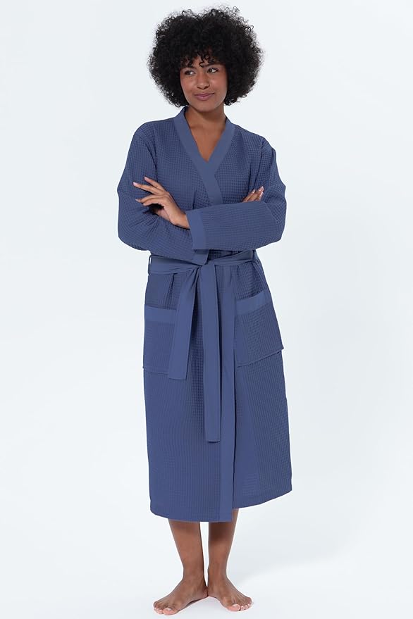 Women’s Luxury Waffle Shawl Collar, Hooded Robe w Piping – Lightweight, Long, Ultra Soft Spa Sleepwear Bathrobe